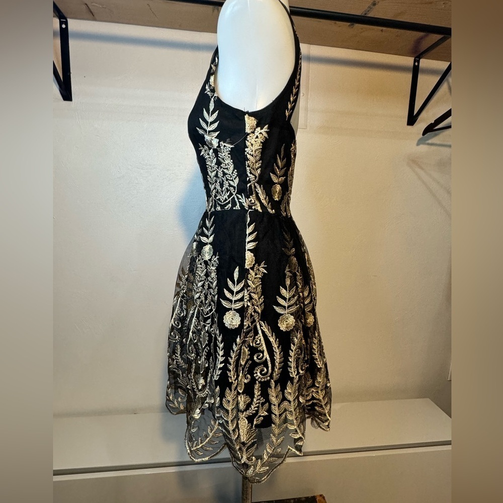 XS Altar'd State Dress Womens Small Black Gold Embroidered Floral tulle teacup - Picture 5 of 13